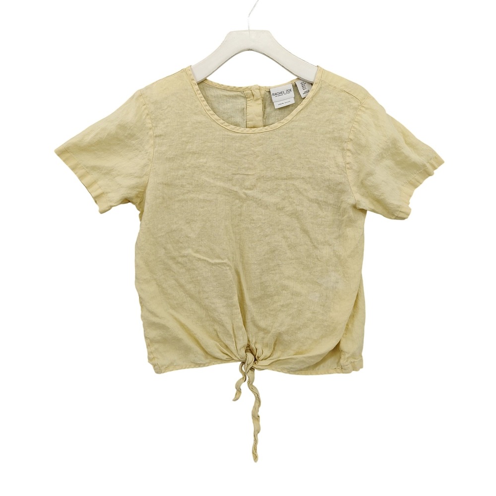 Rachel Zoe Womens Boho Coastal 100% Linen Tie Front Top S Yellow Short Sleeve